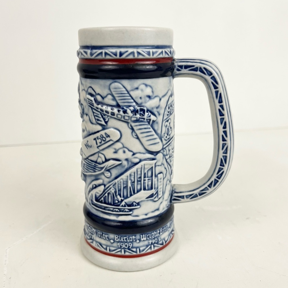 Vintage 1982 Avon Wright Brothers Airplane Flying Beer Stein Ceramic Blue White